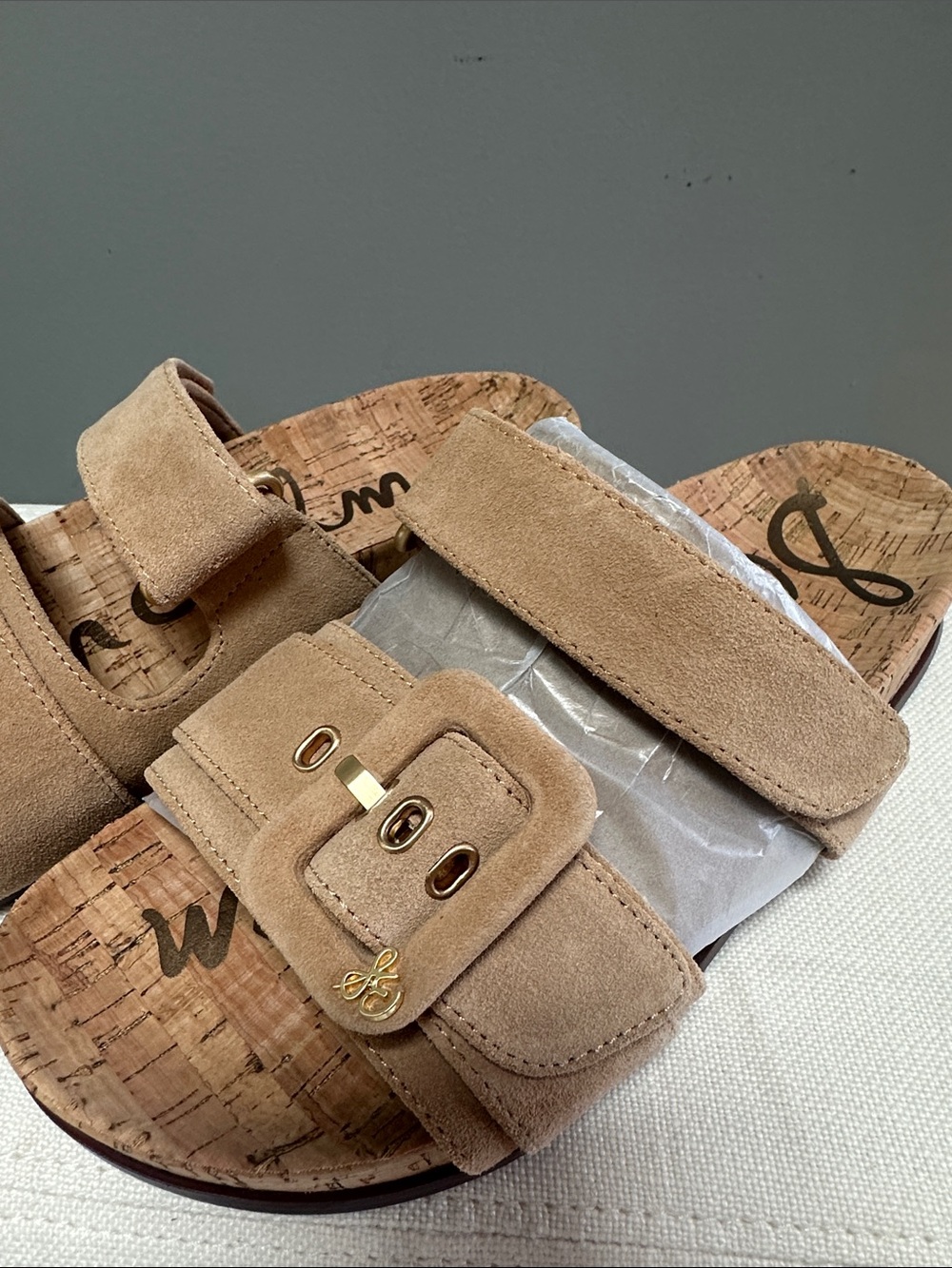 Sam Edelman Suede Tan Double-Strap Cork Slide Sandals